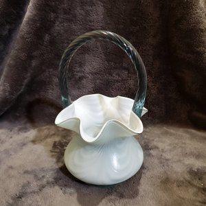 FENTON Federal Blue Ruffled Basket with Clear Blue Handle Swirl Pattern